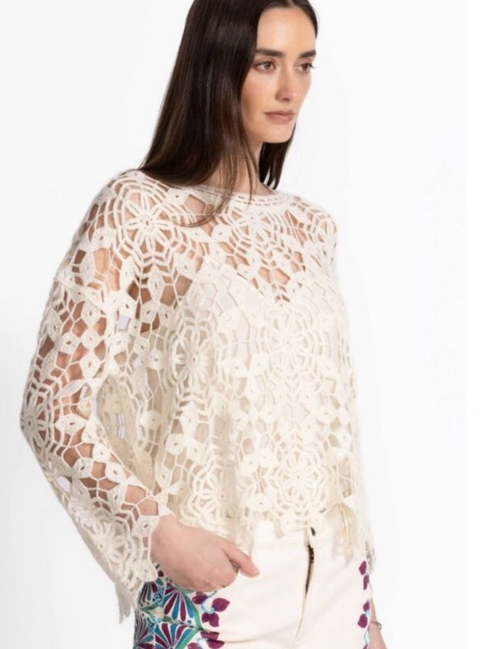 Johnny Was Cream Crochet Openwork Scoop Neck Sweater - Picture 5 of 7
